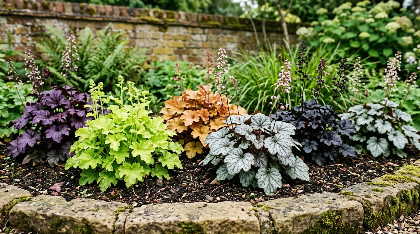 Colourful heuchera collection showing purple lime green amber and silver foliage growing in a UK garden border
