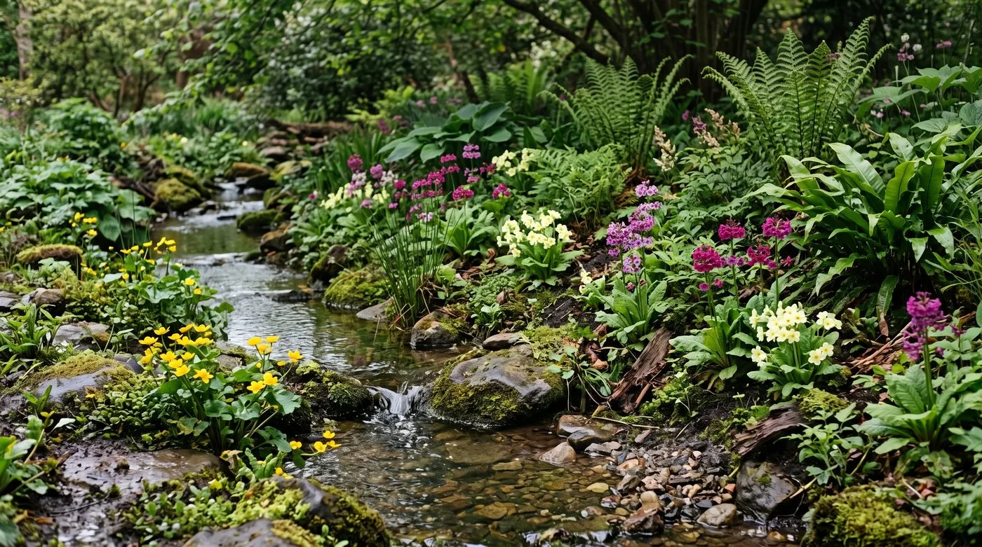 Broad leaves and finer foliage beside a narrow stream.