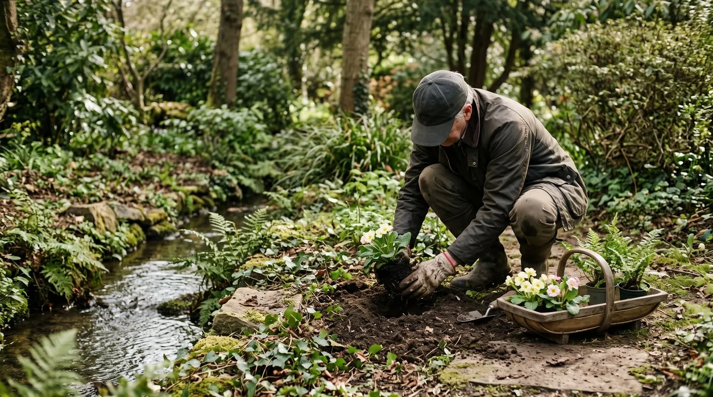 An unidentified gardener plants primulas and ferns in soil above a narrow stream.