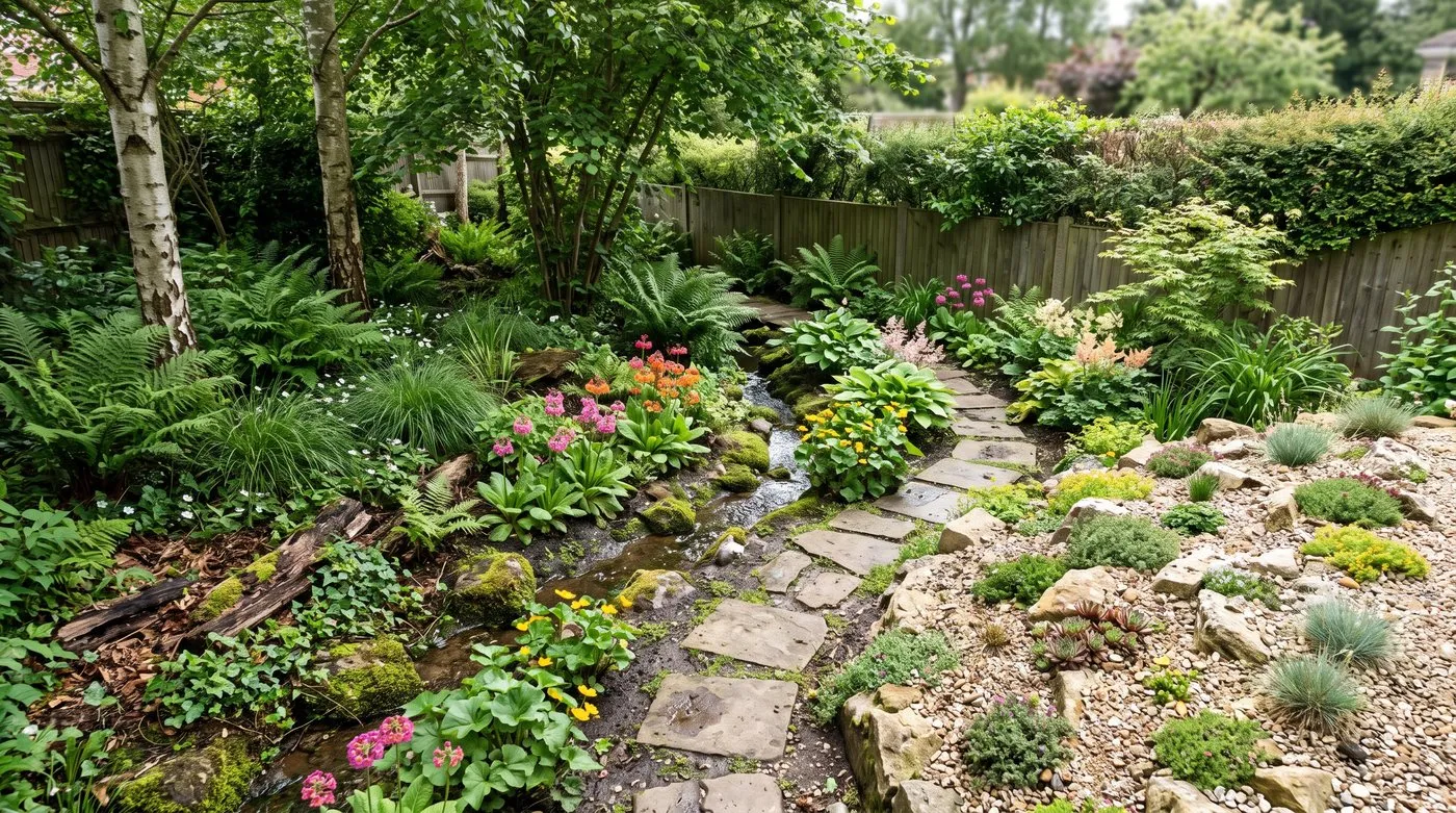 A view from above shows shaded beds, a stream and brighter planting linked by paths.