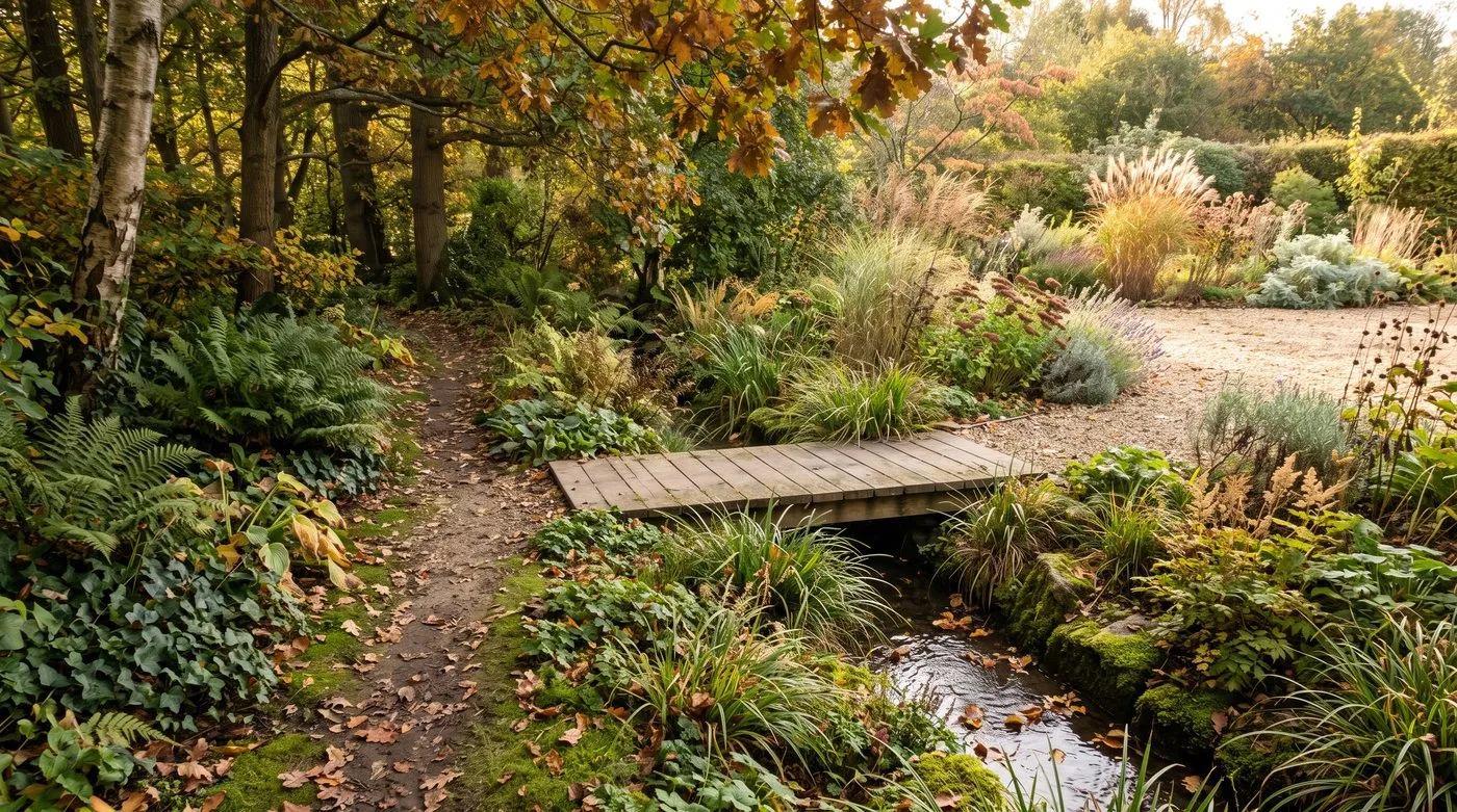 A path and small bridge connect shaded planting with a brighter garden area.