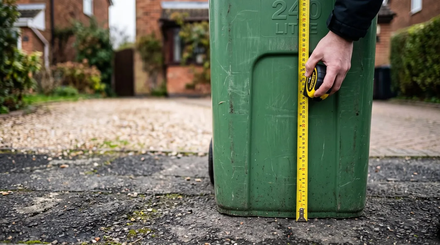 A tape measure held against a green 240L wheelie bin in a Staffordshire driveway recording its height and width