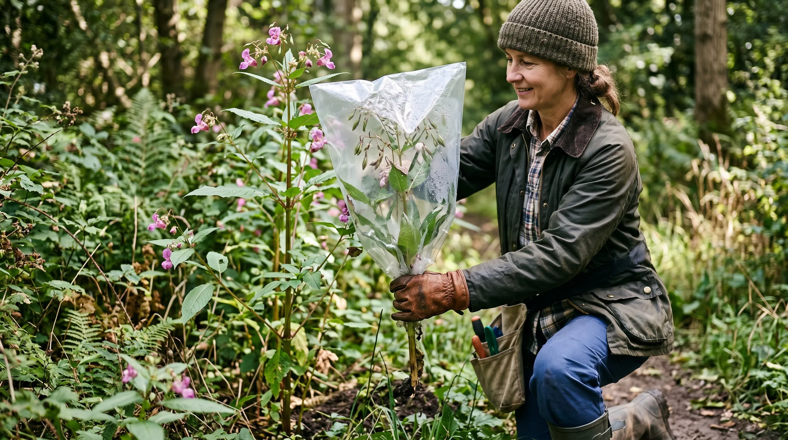 A UK gardener wearing gloves bag-pulling a Himalayan balsam plant with seed pods using a clear plastic bag placed over the plant top before pulling, to catch any exploding seeds