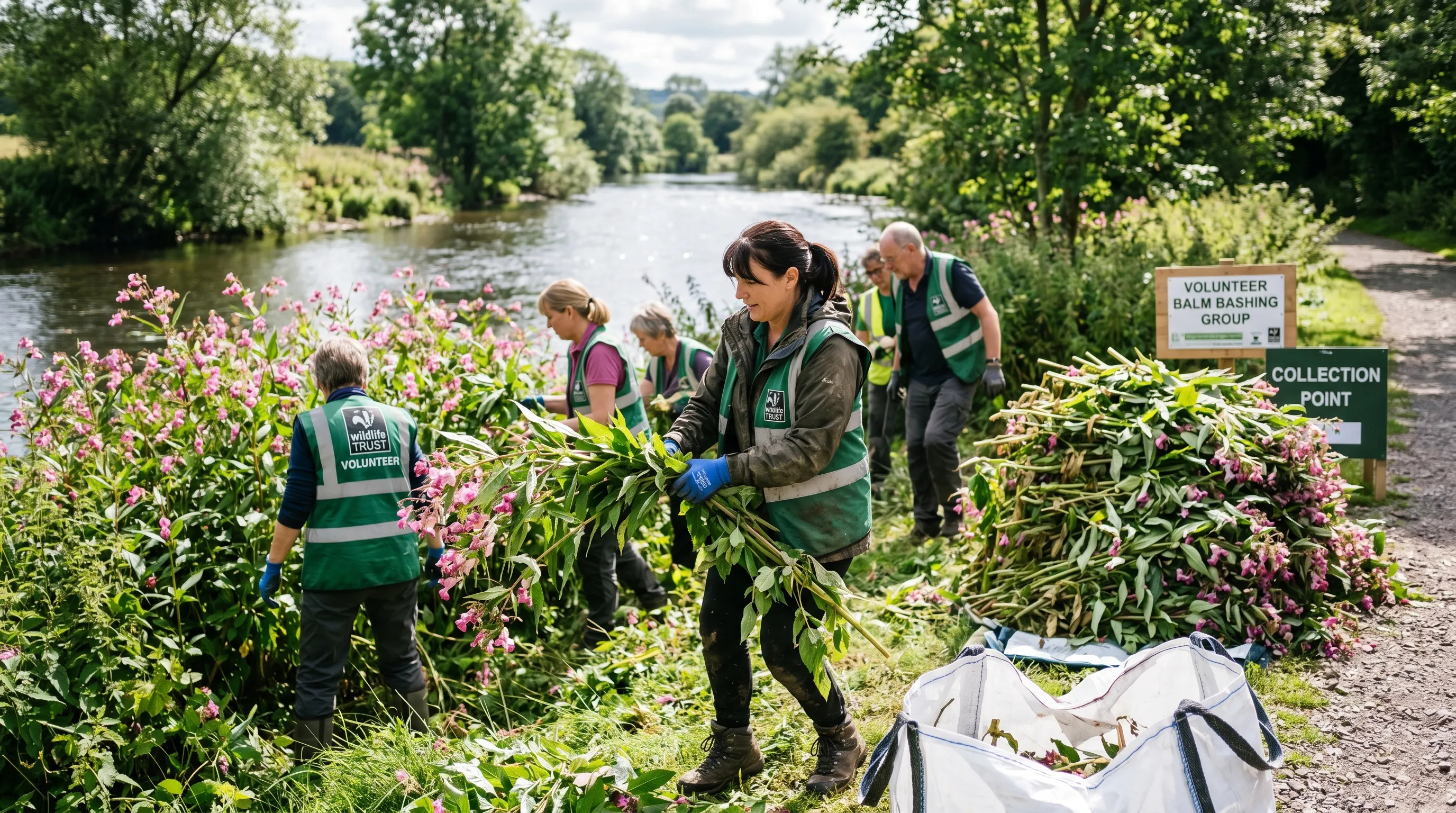 A UK balsam-bashing volunteer group pulling tall pink-flowered Himalayan balsam plants from a riverbank in late June, with pulled plants piled at a collection point