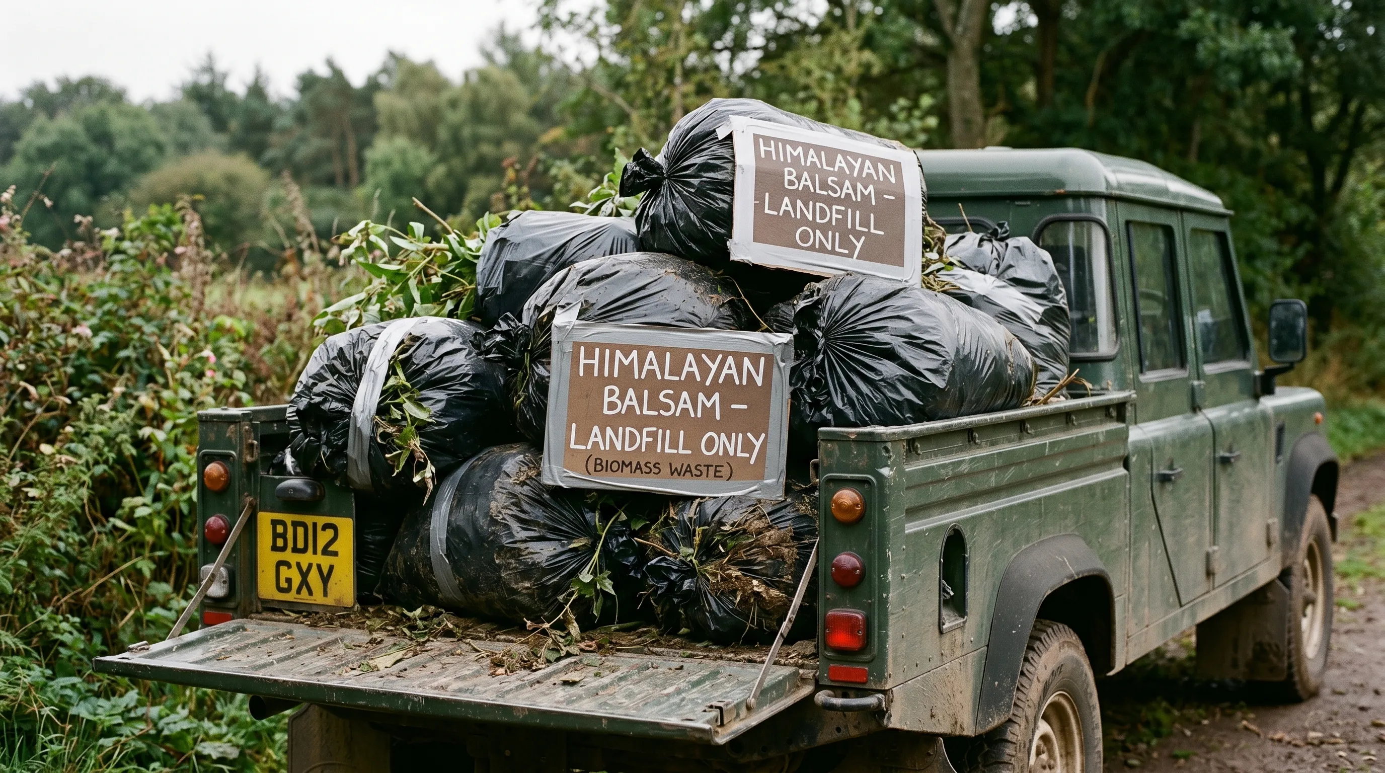 Sealed black rubble sacks of pulled Himalayan balsam piled at the back of a UK pickup truck, marked with handwritten signs reading "Himalayan balsam - landfill only"