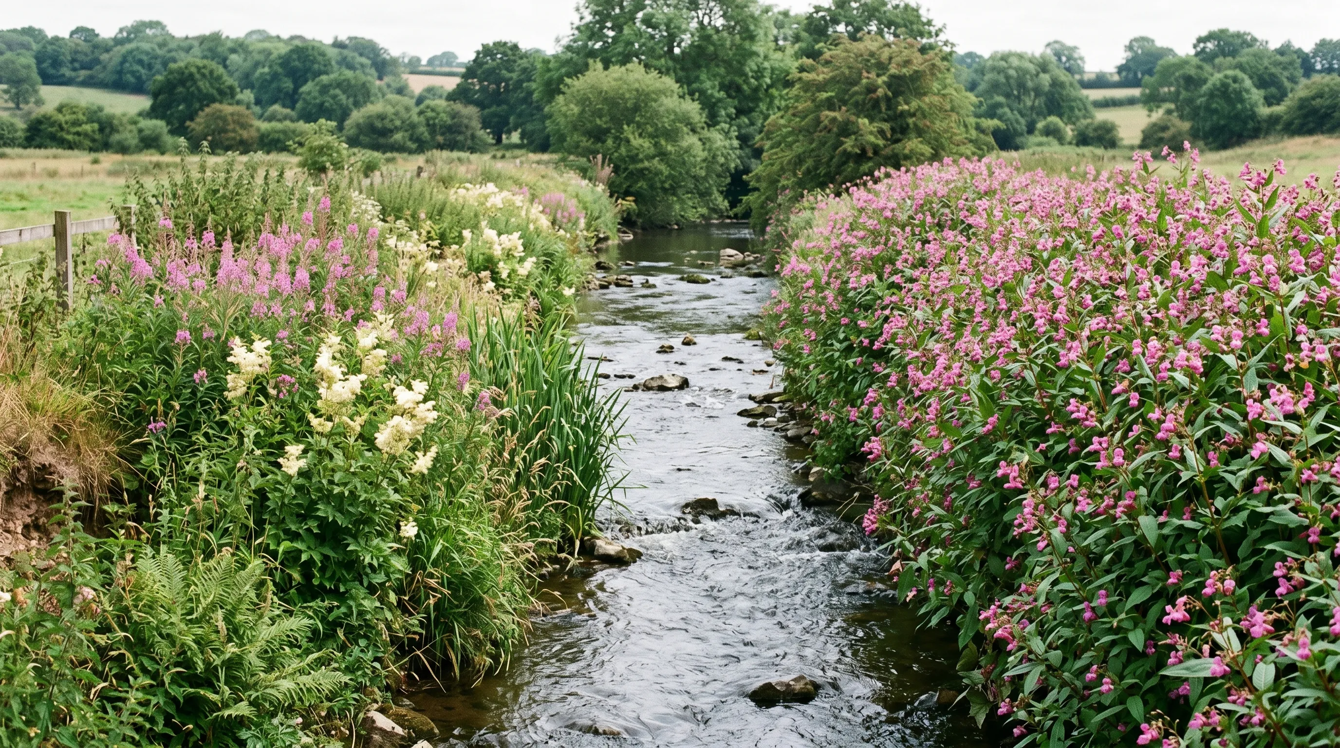 A diagnostic comparison of two parallel UK riverbank sections from above, the left section cleared of Himalayan balsam with native willowherb and meadowsweet recovering, the right section still dominated by tall pink-flowered balsam