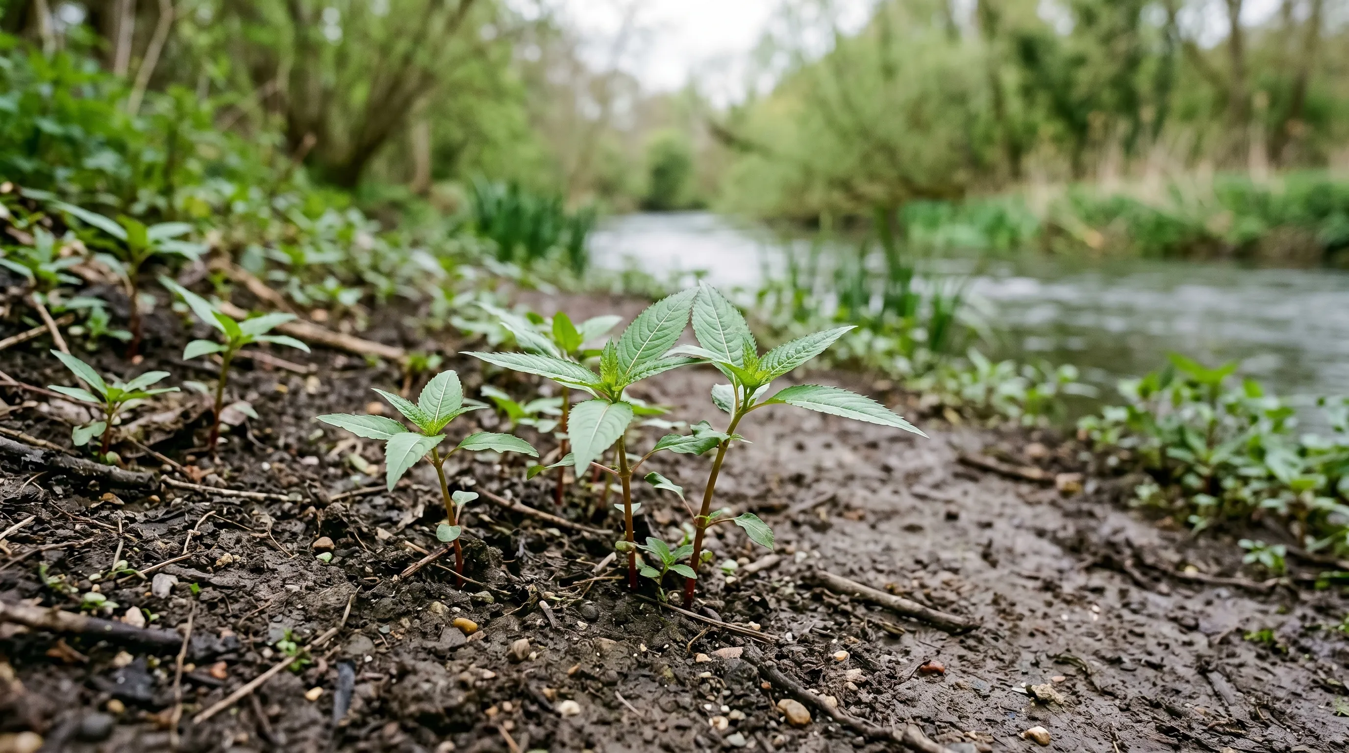 Young Himalayan balsam seedlings emerging through bare soil on a UK riverbank in early May, each 50-100mm tall with the characteristic lance-shaped leaves in whorls of three