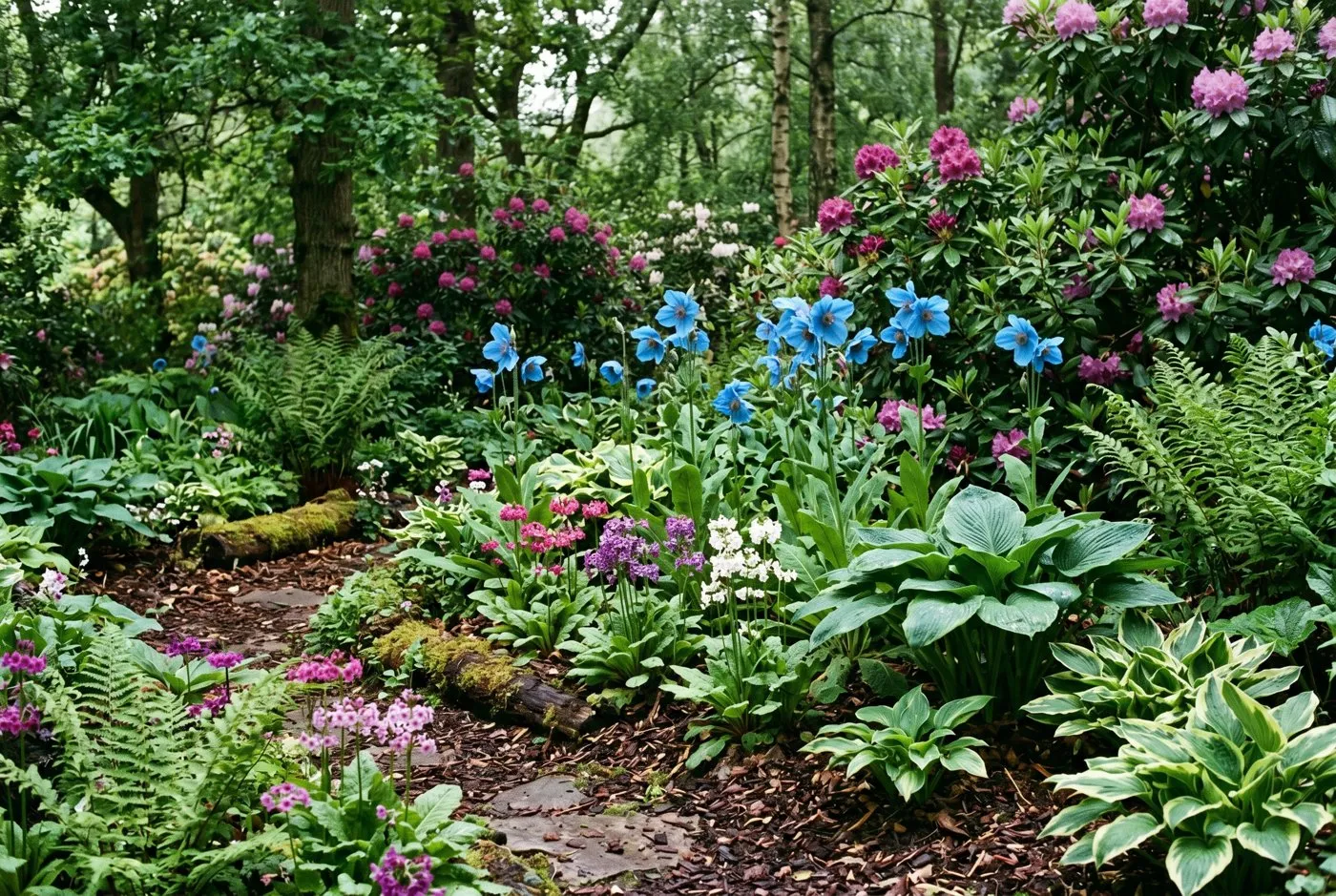 An acid-soil woodland garden scheme with blue Meconopsis poppies among rhododendrons, ferns, hostas and primulas under bark mulch