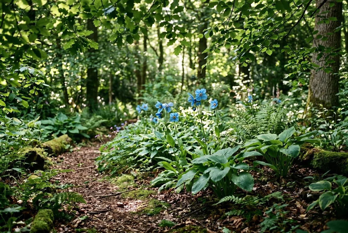 A cool dappled-shade planting position under deciduous trees with blue Meconopsis poppies and hostas in a UK woodland garden
