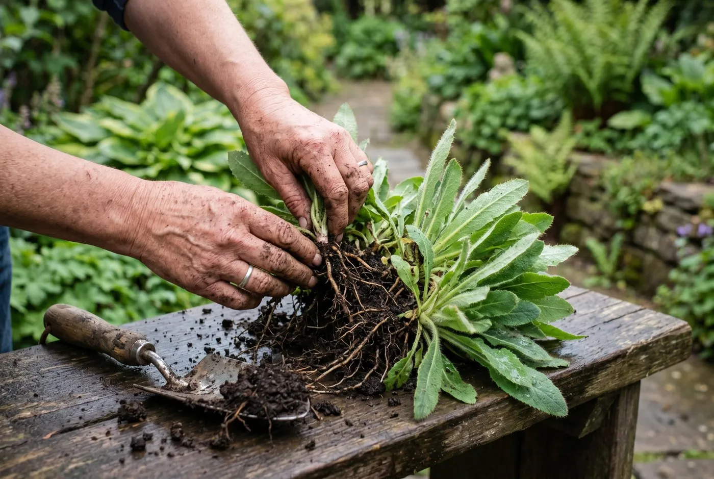 Gardener's hands dividing a clump of Meconopsis poppy crowns with roots and basal rosettes of hairy green leaves on a bench