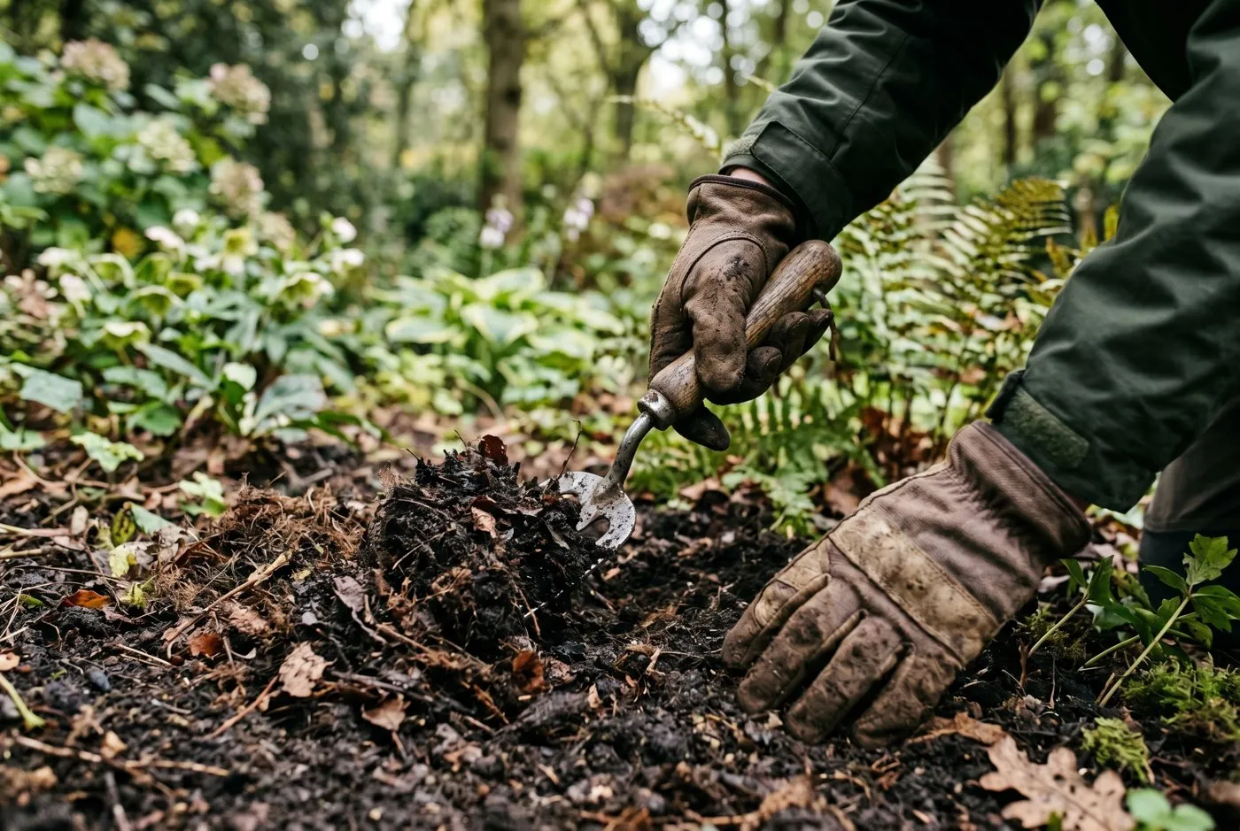 Gardener's gloved hands forking dark crumbly leaf-mould and ericaceous compost into a moist woodland border soil