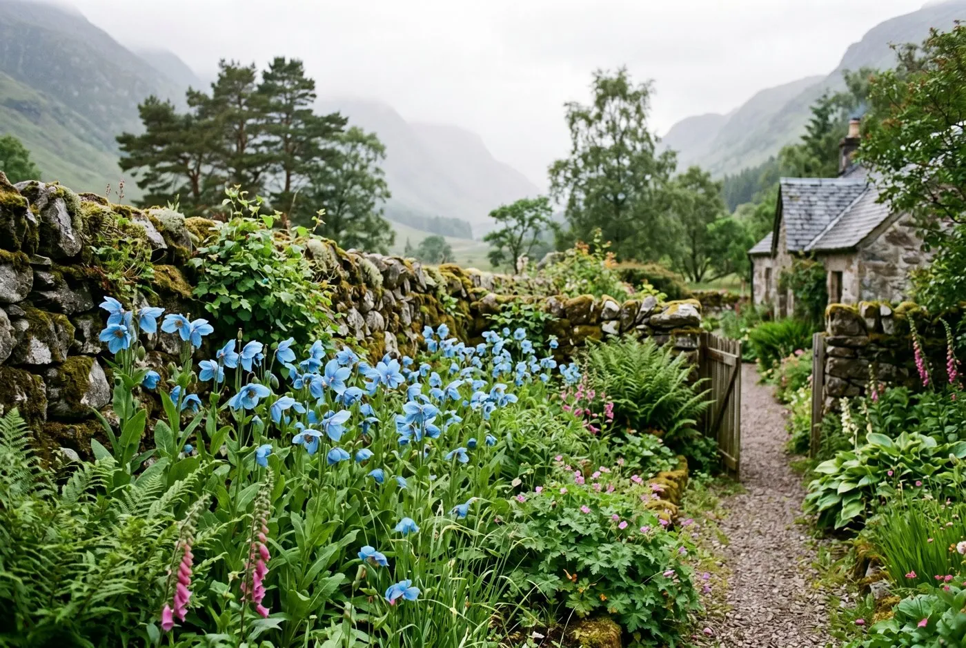 A Scottish highland cottage garden with a drift of blue Meconopsis poppies in a cool moist shaded border, misty mountains behind