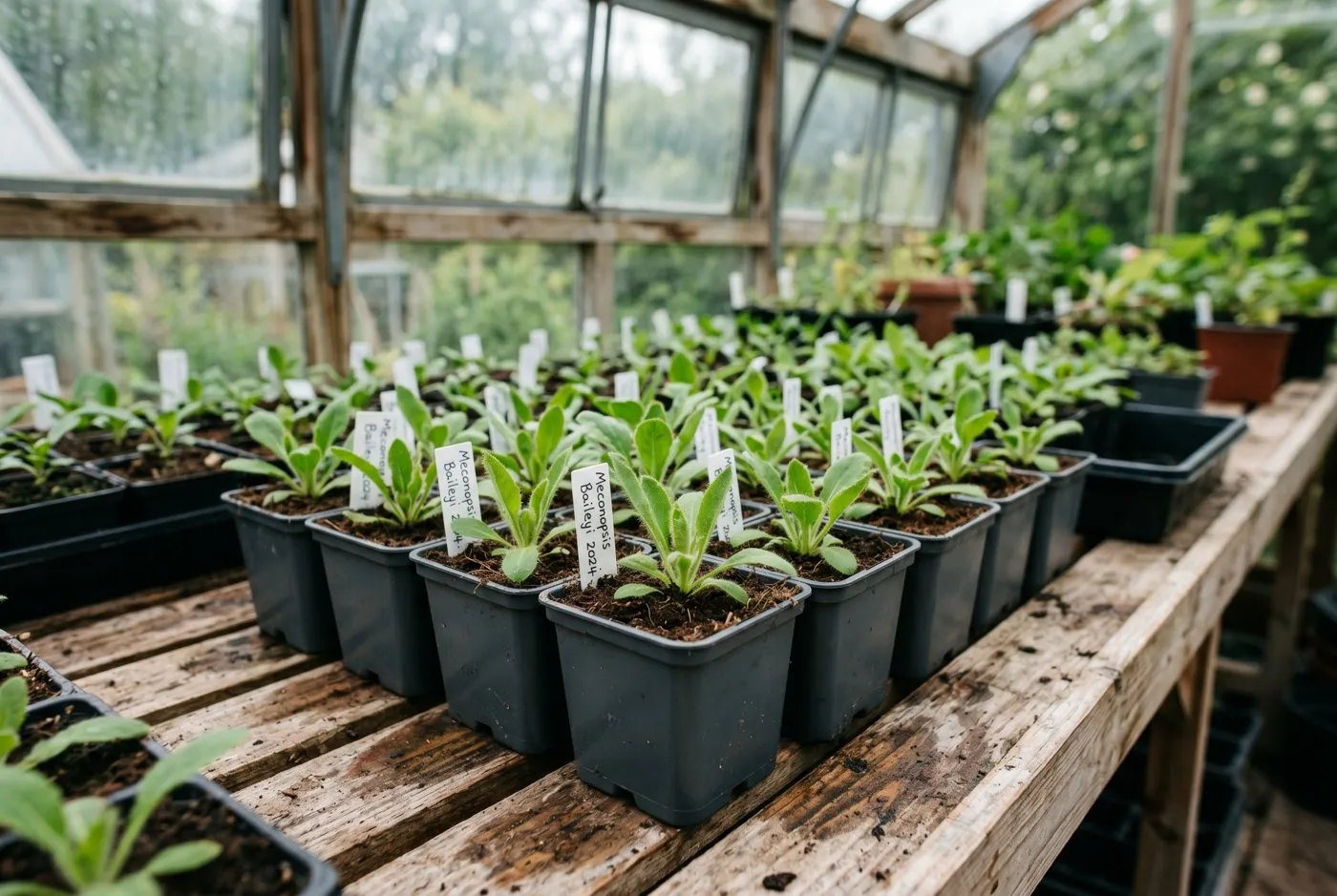Young Meconopsis blue poppy seedlings in small pots on a greenhouse staging bench with hairy green basal leaves
