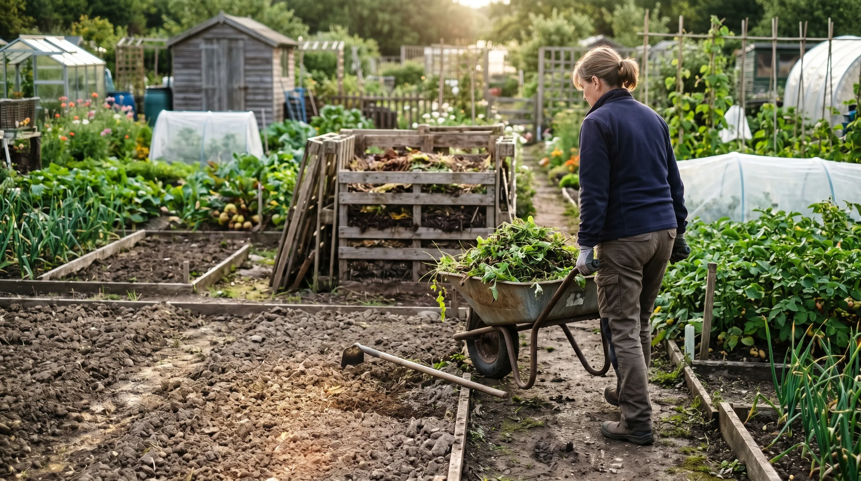 A UK garden allotment showing a wheelbarrow of hoed weed seedlings being moved to the compost heap, with the morning sun visible drying the surface of the cleared beds