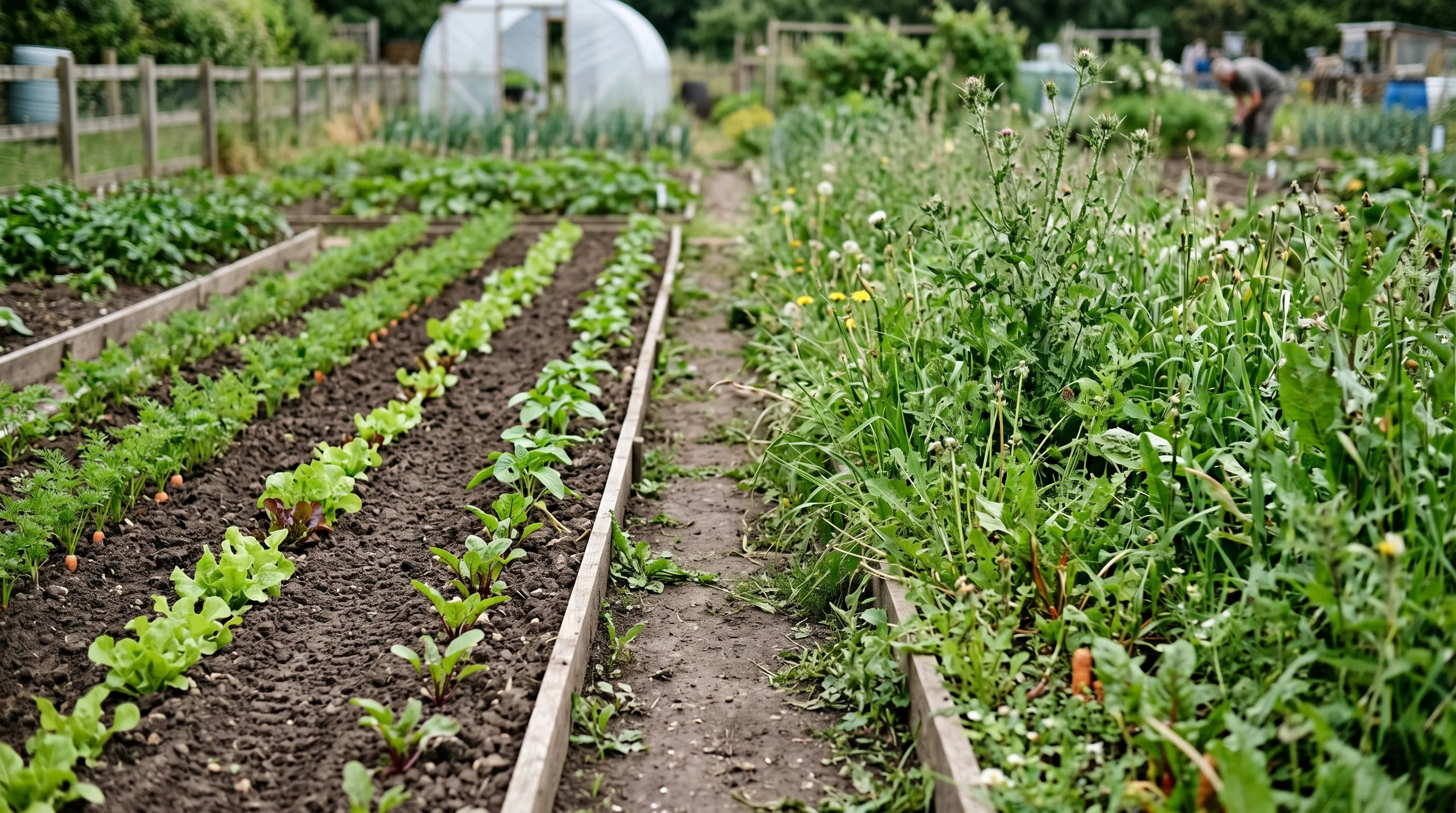 A diagnostic comparison of two parallel UK vegetable beds, the left under weekly hoeing routine with clean soil between rows, the right unmanaged with dense weed growth covering the soil surface