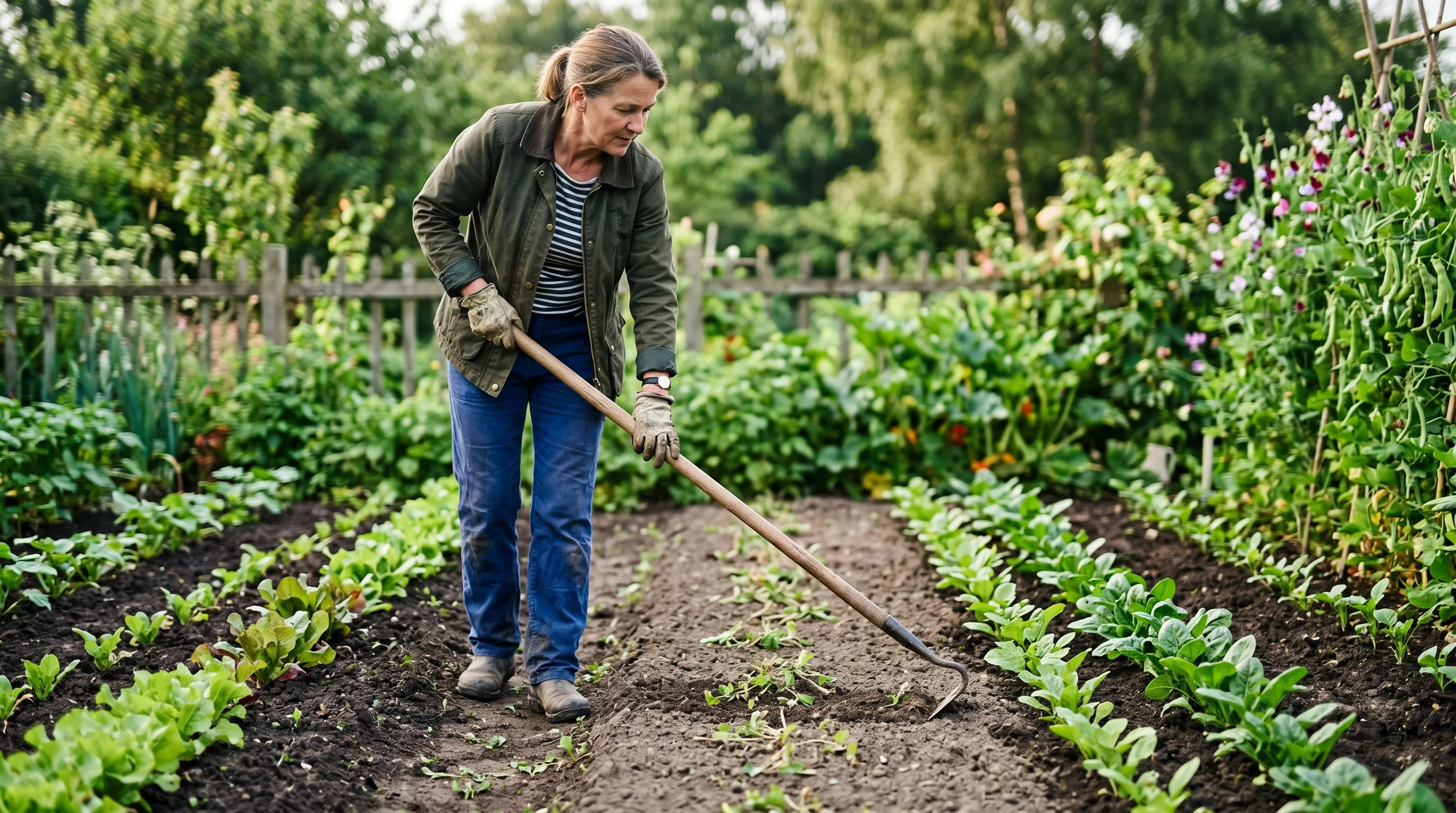 A UK gardener hoeing a vegetable bed in the morning with a Dutch hoe, the soil between rows clean and dry with the hoed weed seedlings drying on the surface