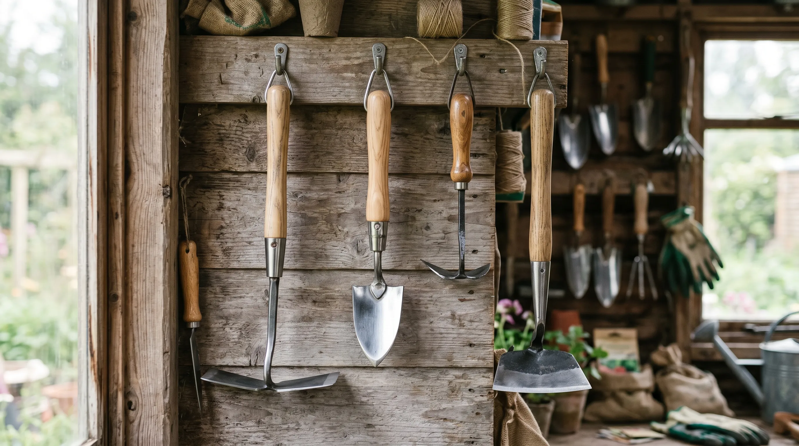 A UK gardener's tool wall showing four different hoes: a Dutch hoe, an oscillating stirrup hoe, a small onion hoe, and a draw hoe, all clean and sharp ready for use
