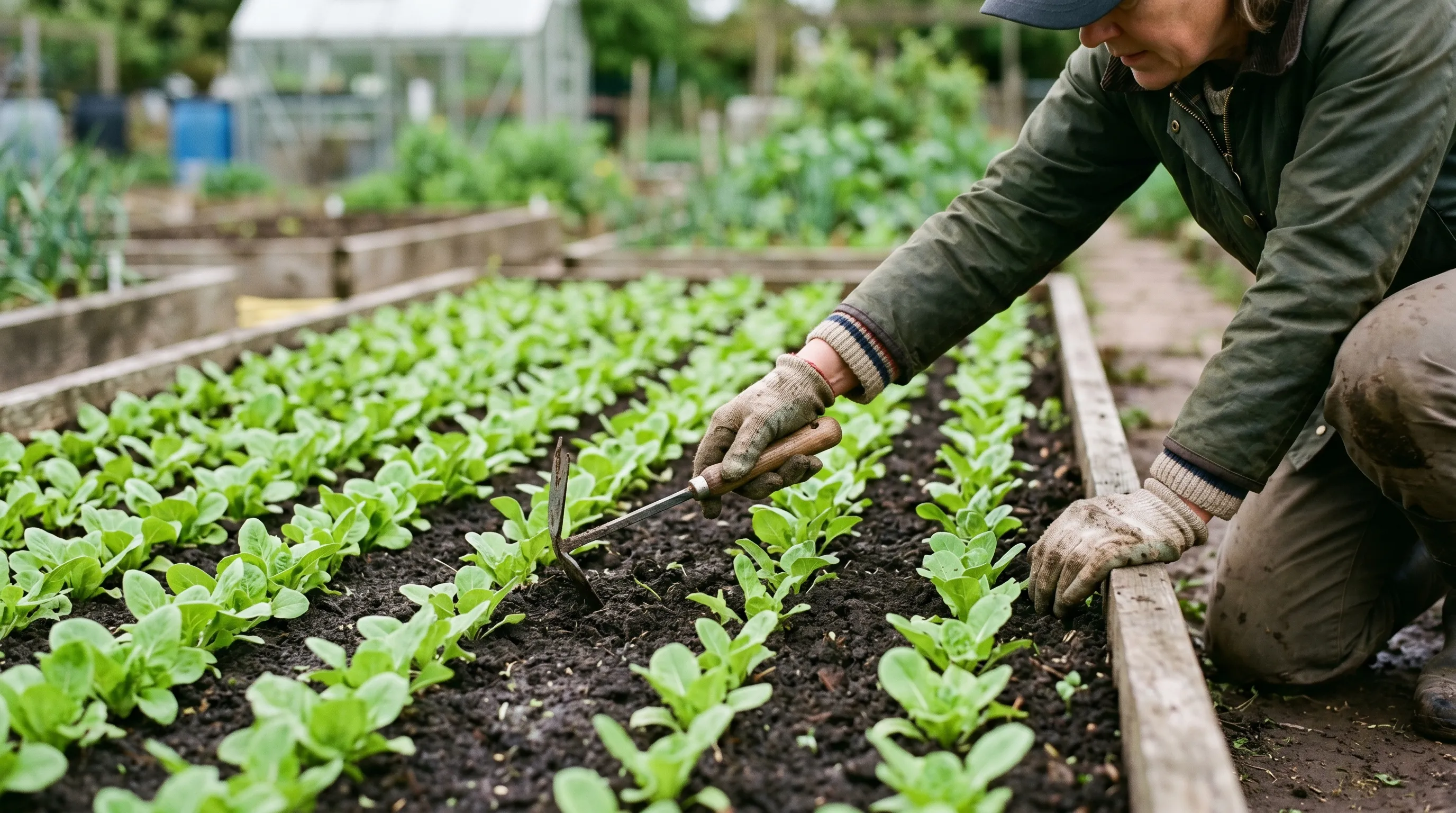 A UK gardener using a small onion hoe between closely spaced lettuce seedlings in a raised bed, the hand-held tool fitting carefully between rows