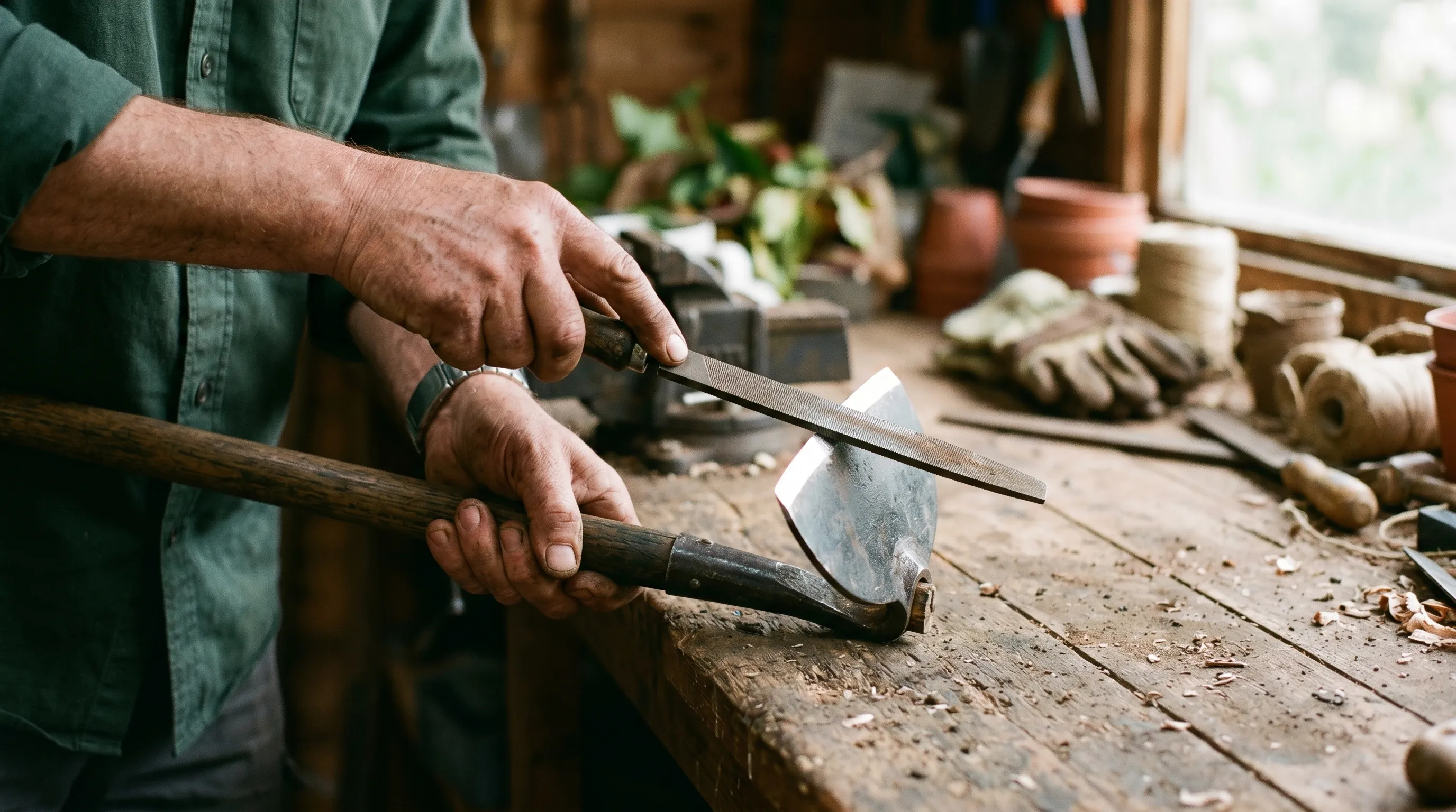 A close-up of a UK gardener sharpening a Dutch hoe blade with a flat file on a workbench, with the sharp edge catching the light