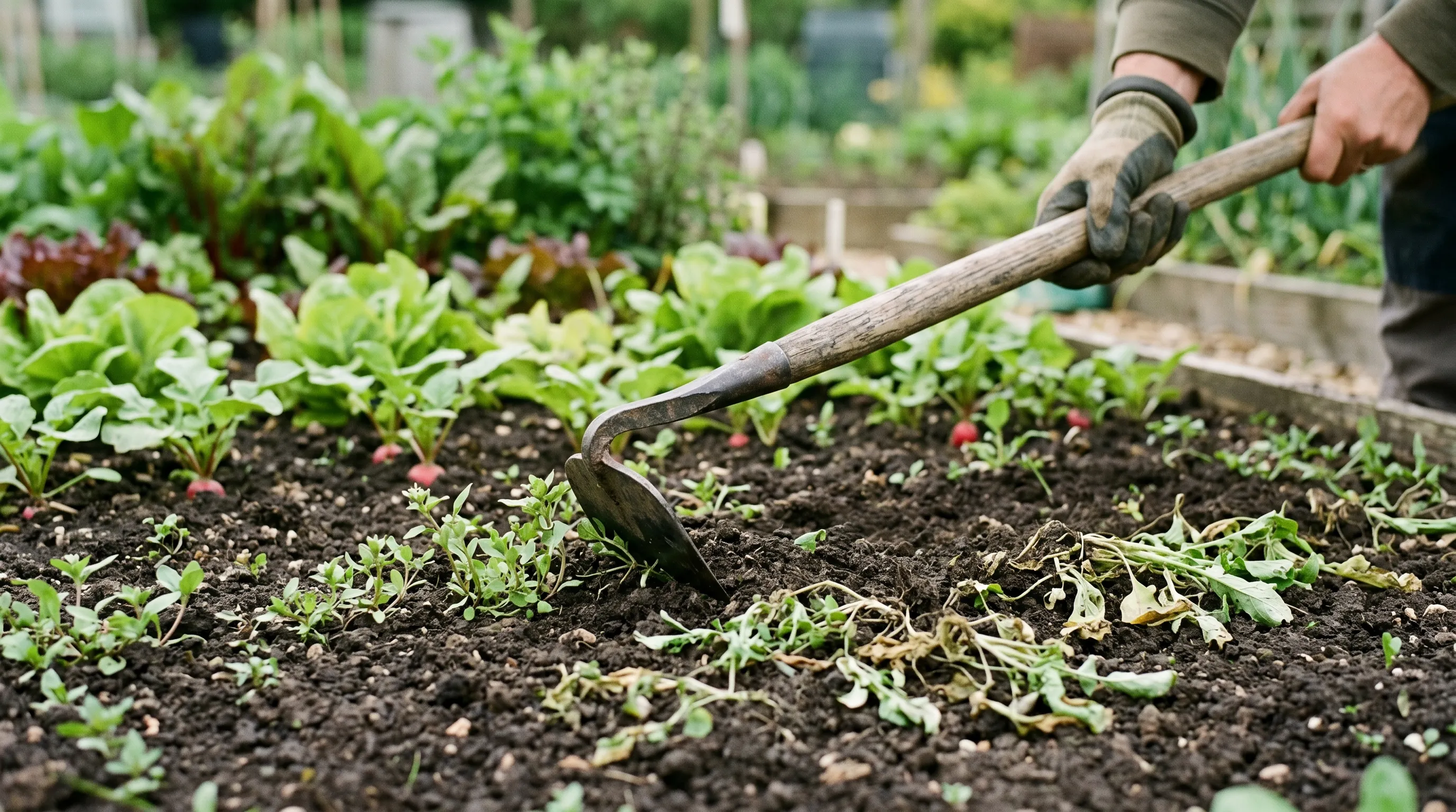 A UK Dutch hoe held at the correct shallow angle slicing through chickweed seedlings at the soil surface in a vegetable bed, the hoed plants visible drying on the bed surface