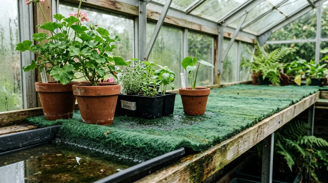 Capillary matting on a kitchen table with houseplants drawing water from a reservoir tray for holiday watering