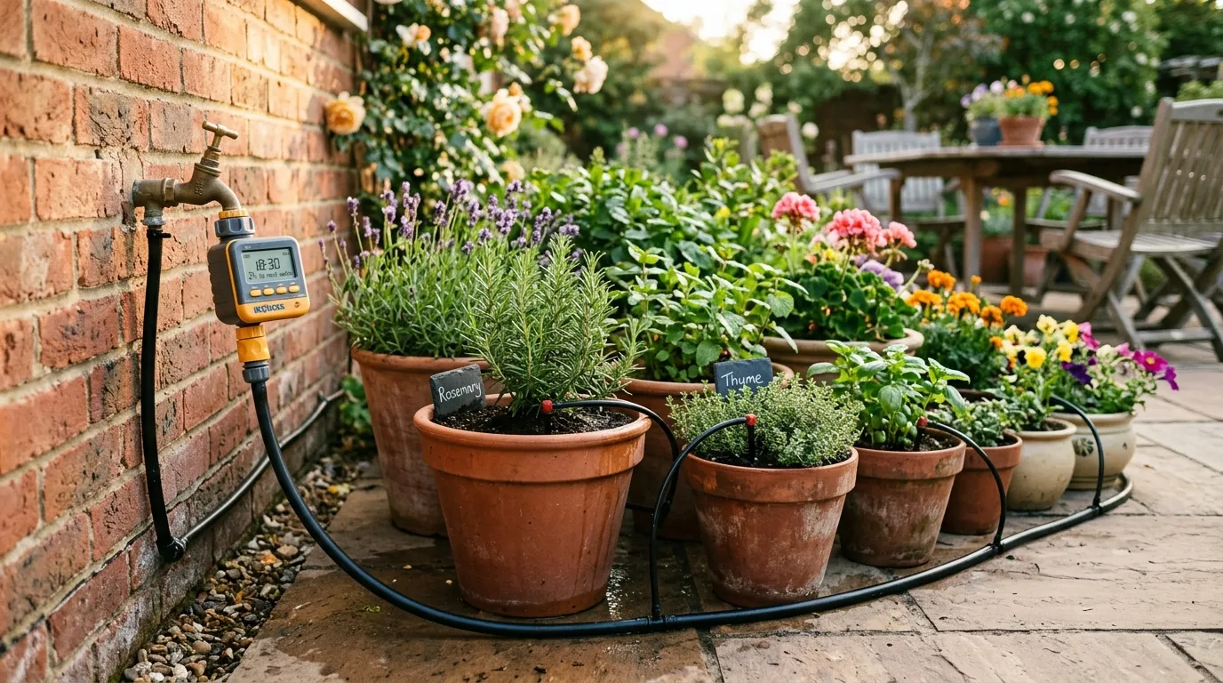 Drip irrigation system watering tomato plants in a greenhouse for holiday watering while away