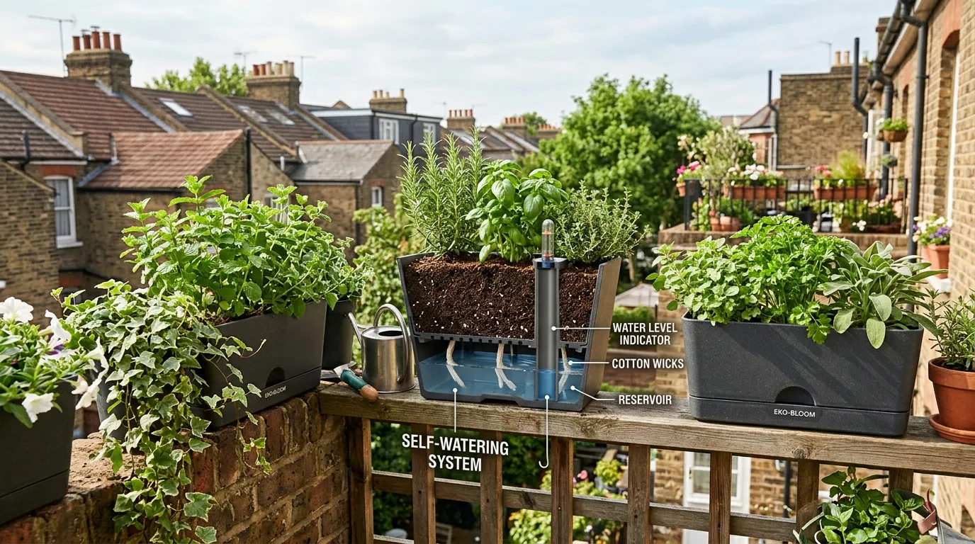 Self-watering pot with built-in reservoir keeping a houseplant alive during holiday watering period
