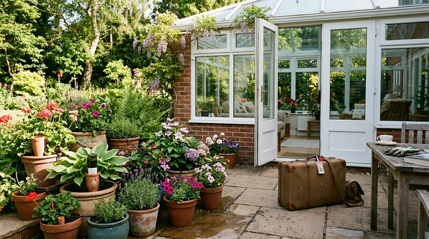 Holiday watering setup with drip irrigation watering container plants in a sunny UK garden