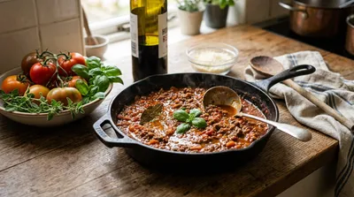 Homemade bolognese ragu sauce simmering in cast iron casserole with garden tomatoes carrots and herbs UK kitchen