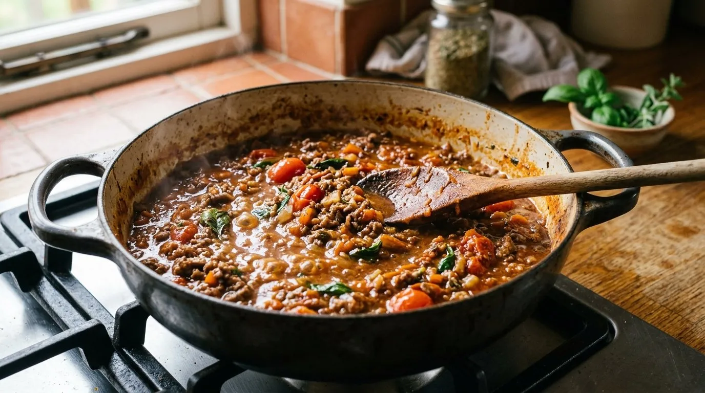 UK homemade bolognese sauce simmering in a cast iron casserole with mince tomatoes and fresh herbs