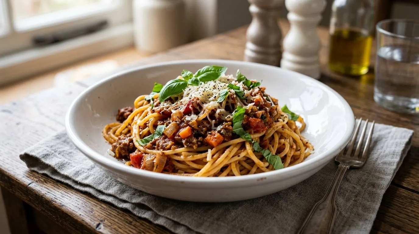 UK homemade bolognese spaghetti served with grated parmesan and fresh basil leaves