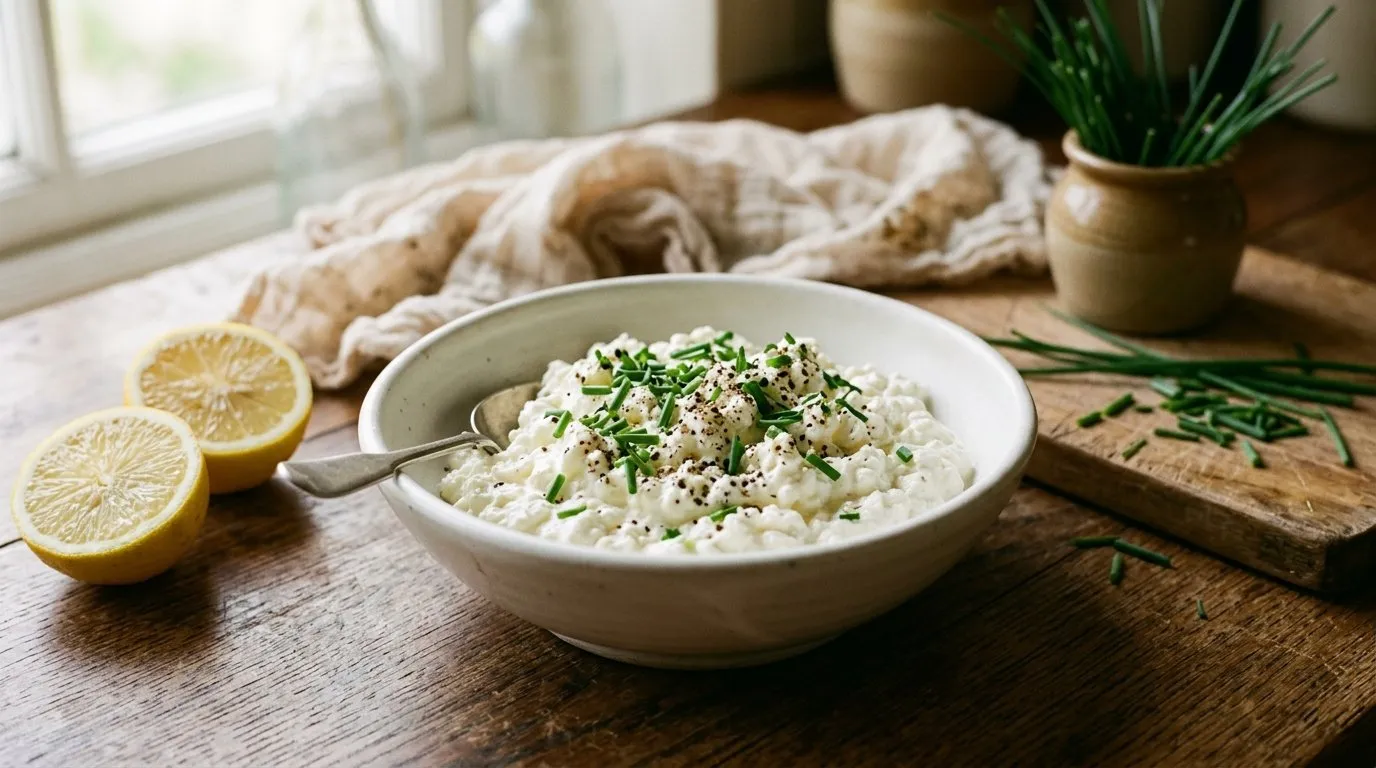 Homemade UK cottage cheese fresh curds in muslin lined sieve with garden chives and lemon on a wooden kitchen worktop
