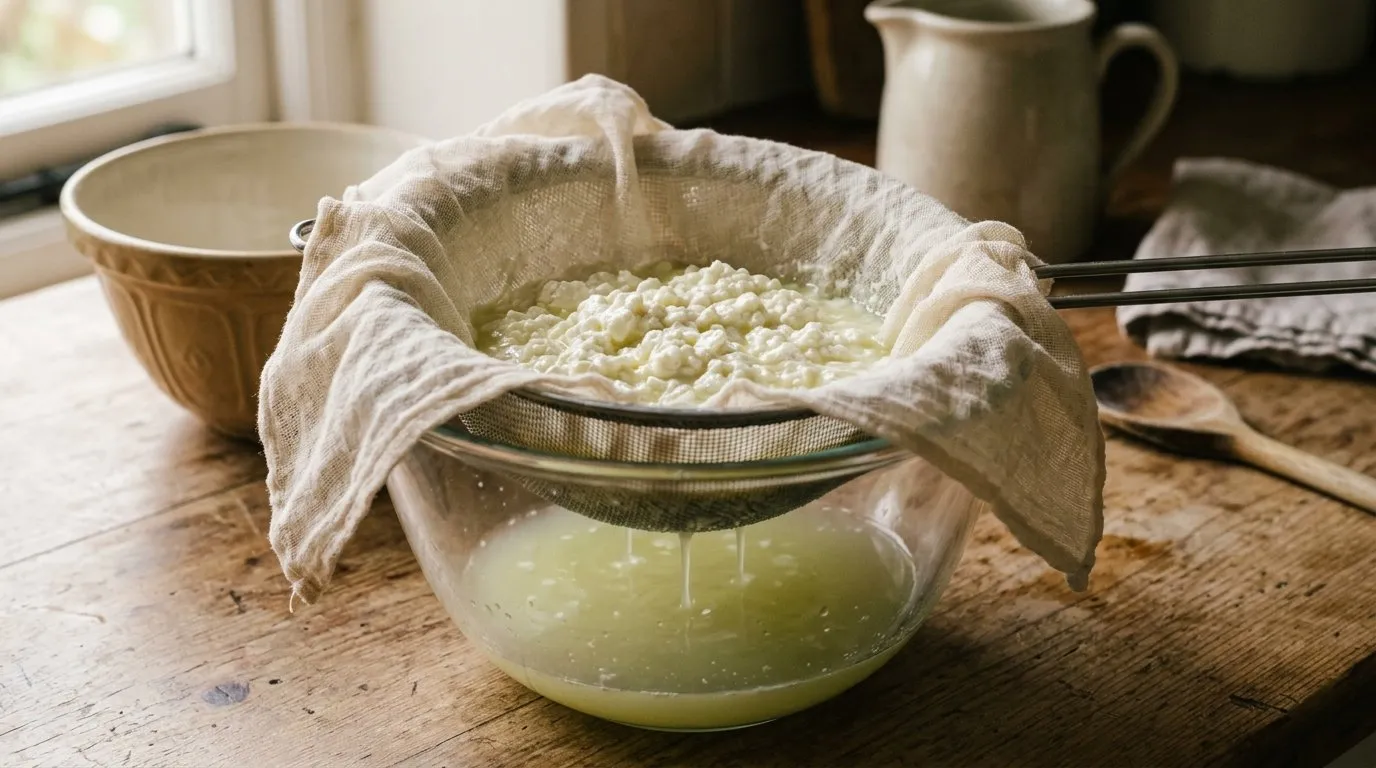 UK homemade cottage cheese curds being strained through muslin cloth over a glass bowl