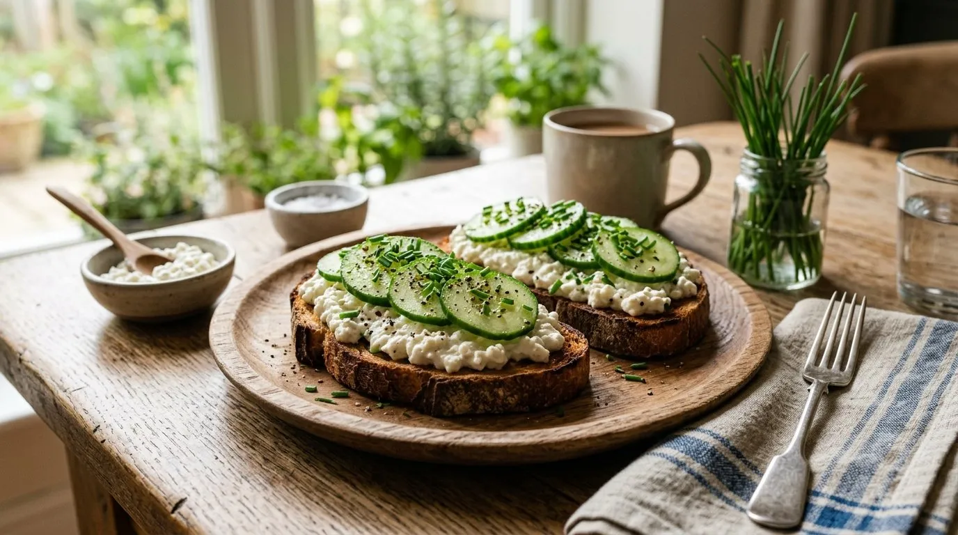 UK homemade cottage cheese on toasted sourdough with cucumber chives and cracked black pepper