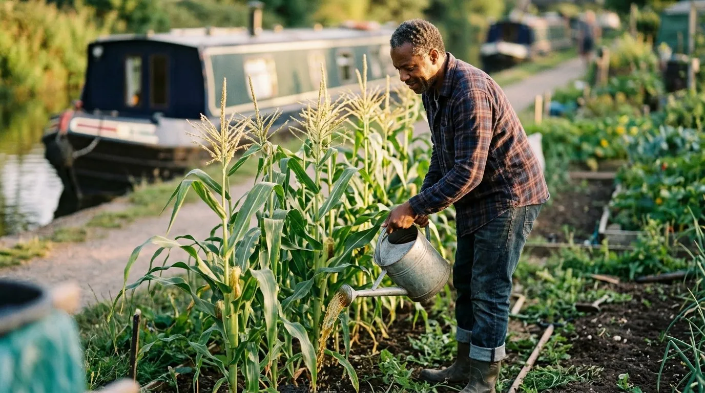 Watering diluted homemade fish fertiliser onto sweetcorn on a canal-side allotment plot