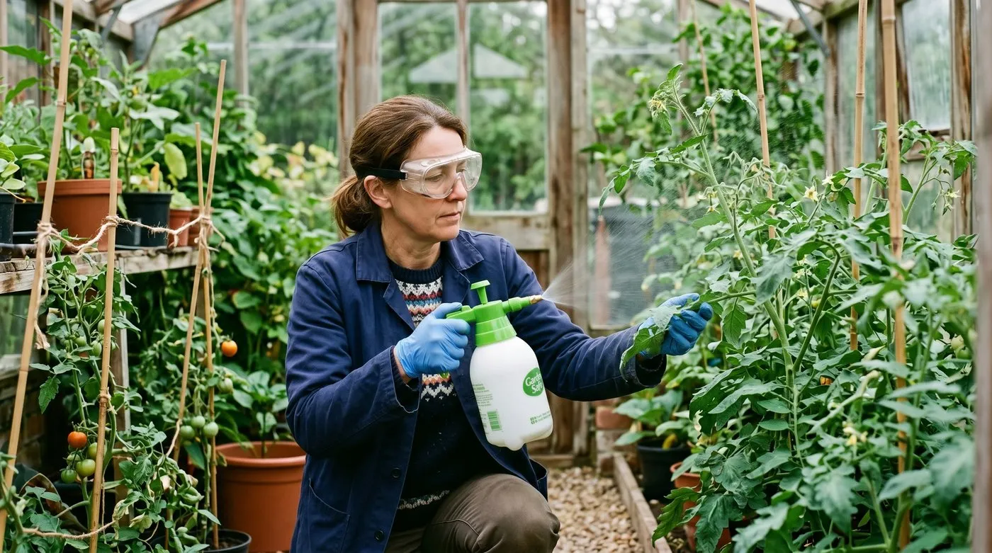 A UK gardener wearing nitrile gloves and safety goggles spraying a tomato plant with a hand-pump sprayer in a small back garden greenhouse, with the spray clearly mist-fine and directed at the leaf undersides