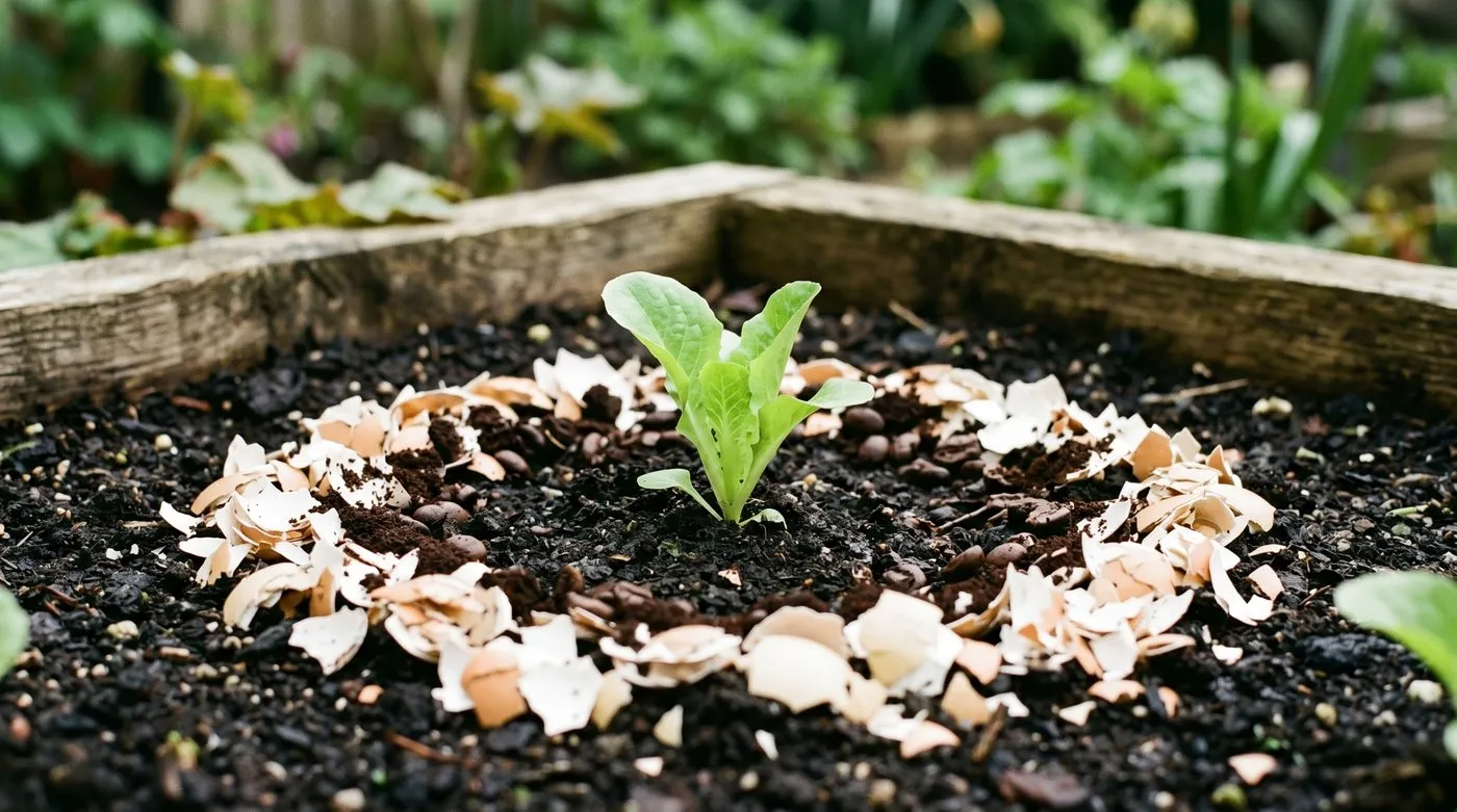 A close-up of a 100mm-wide crushed egg shell barrier ring around the base of a young lettuce seedling in a UK raised bed, with a few coffee grounds scattered between the shells