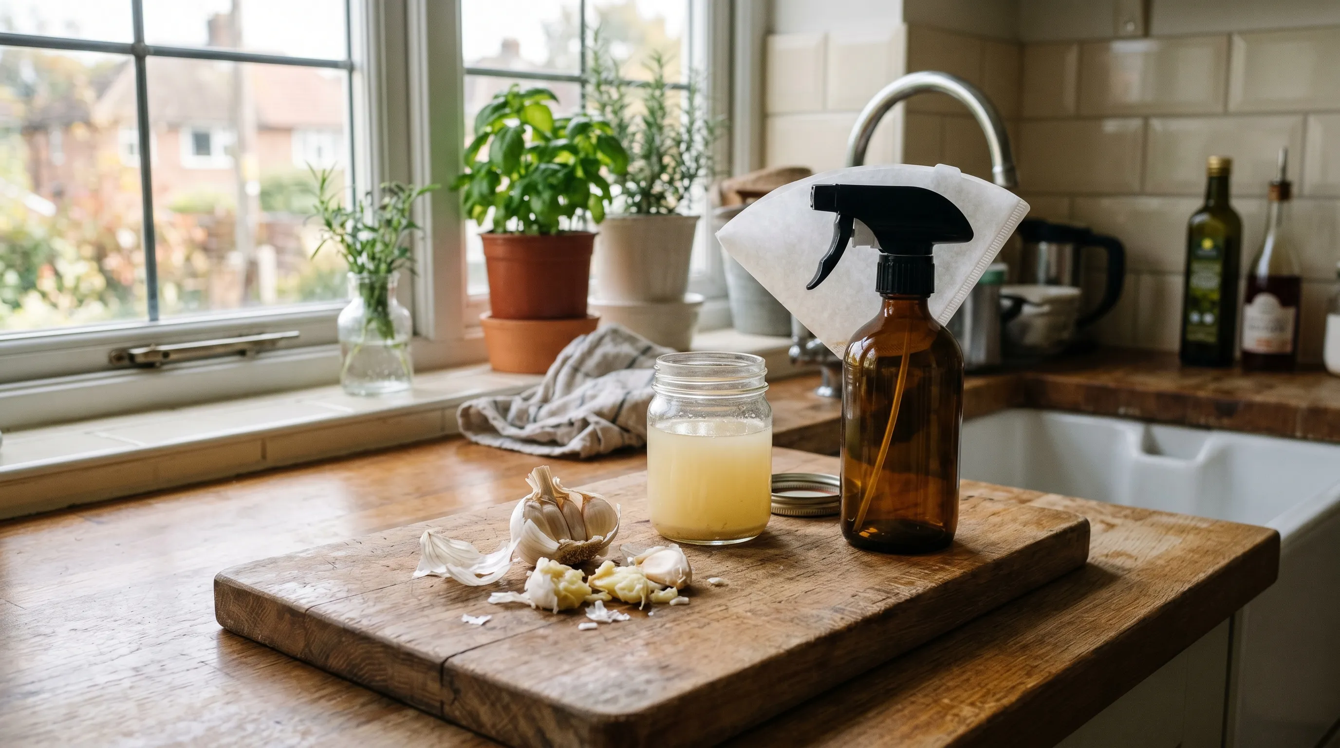 A wooden chopping board on a UK kitchen counter with five crushed garlic cloves, a small glass of cooled garlic infusion, and an empty hand-pump sprayer bottle ready for filling