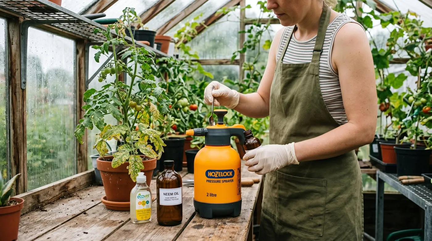 A UK greenhouse interior showing neem oil being mixed in a hand sprayer beside a tomato plant with visible whitefly damage on the leaves
