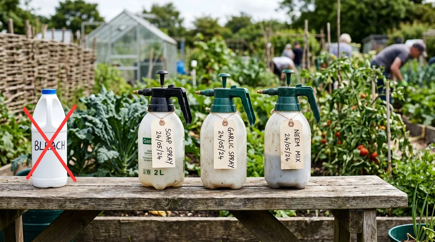 A row of three garden sprayers showing the labeled and dated soap spray, garlic spray, and neem mix, plus a crossed-out bottle of bleach as a warning of what not to use