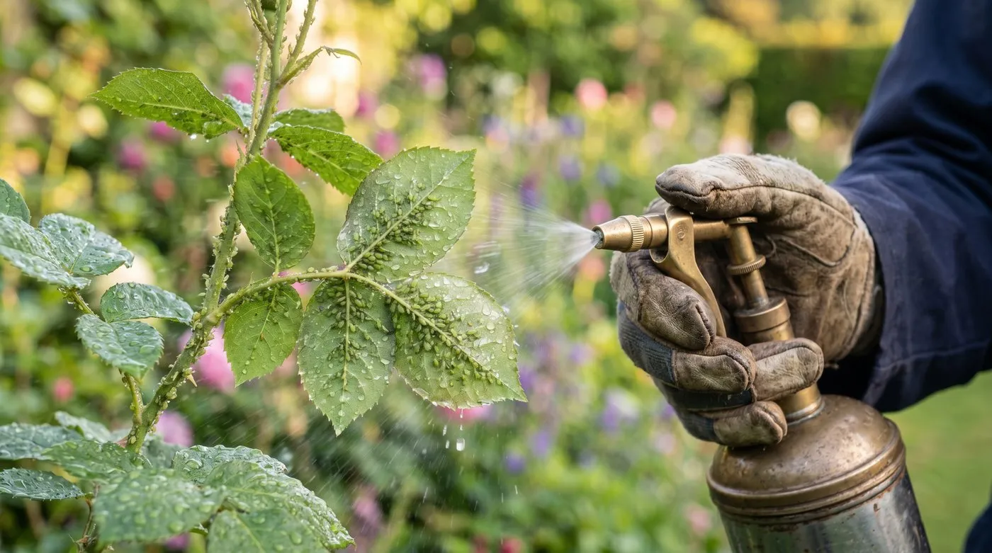A close-up of a UK gardener's hand-pump sprayer applying soap solution to the underside of a rose leaf cluster heavily infested with green aphids in a Cotswold garden
