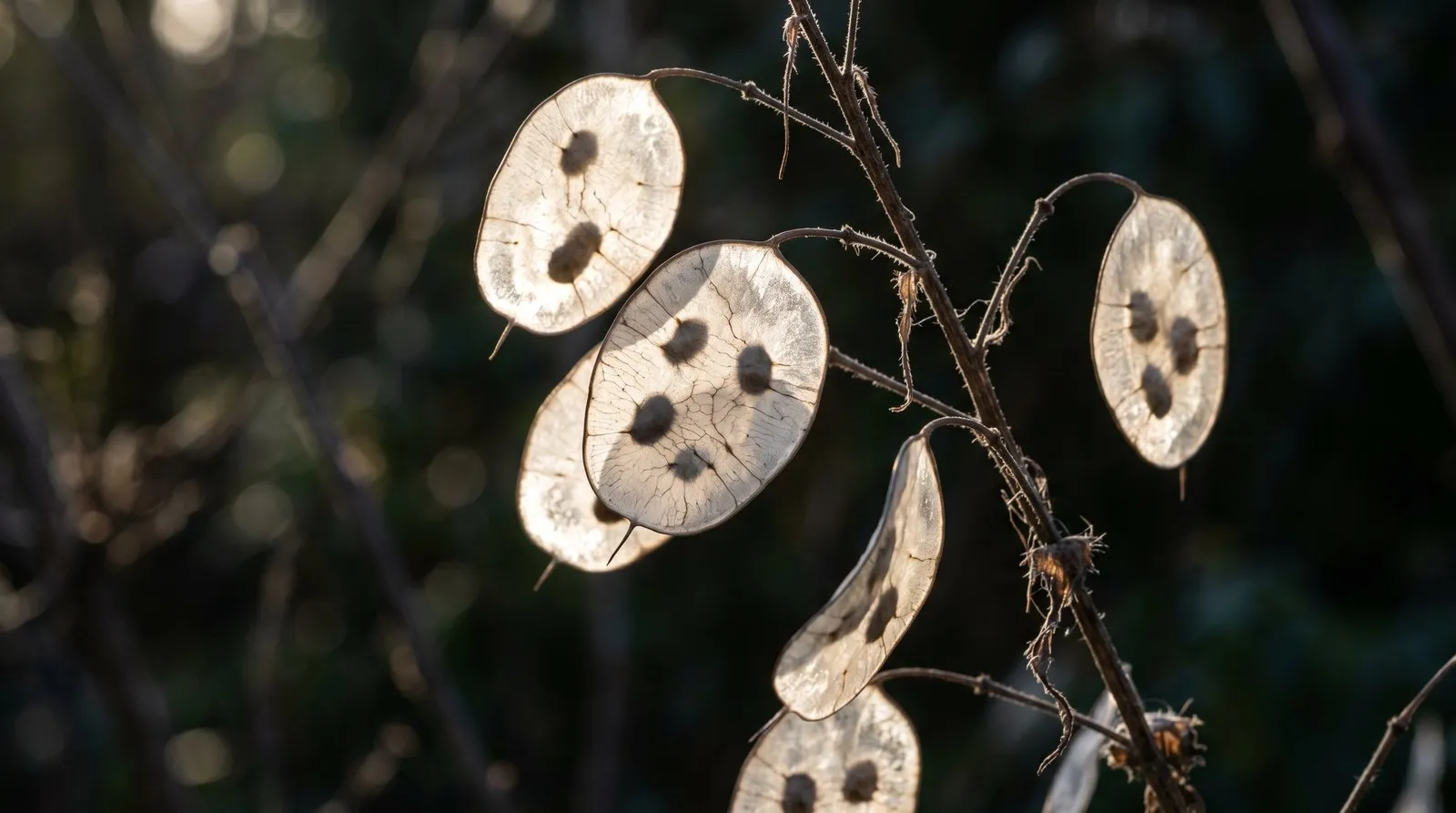 Translucent silver papery seed discs of honesty, Lunaria annua, backlit and glowing in low winter sunlight in a UK garden