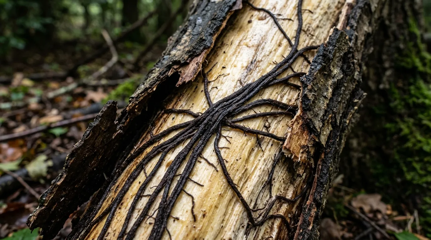 Honey fungus bootlace rhizomorphs visible beneath tree bark in a UK garden