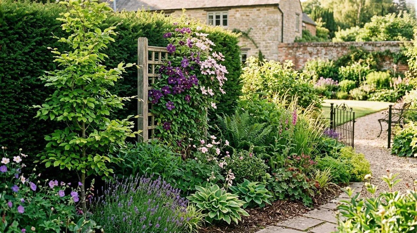 UK garden border replanted with honey fungus resistant species including yew and beech