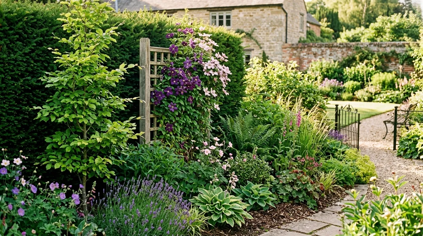 UK garden border replanted with honey fungus resistant species including yew and beech