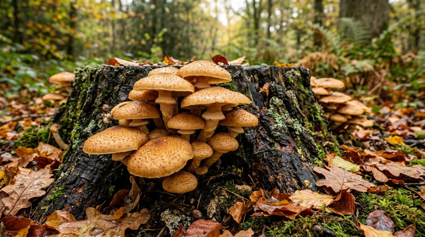 Honey fungus Armillaria mushrooms growing at the base of a tree stump in a UK garden