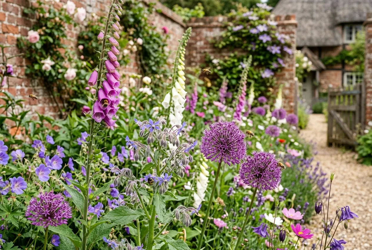 Bee-friendly flower border with foxgloves borage and alliums in a UK garden with honeybees visiting