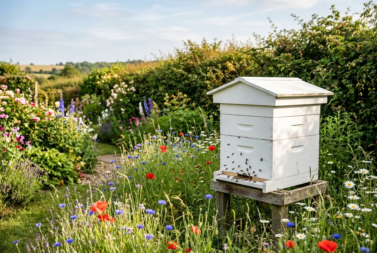 Traditional beehive at the bottom of a UK cottage garden with honeybees flying around the entrance