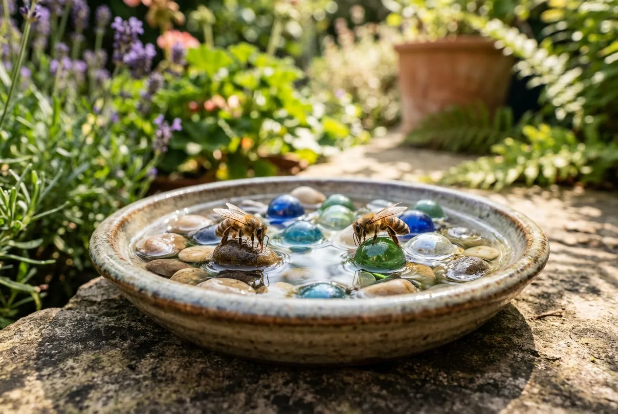 Shallow dish with pebbles and water as a honeybee drinking station in a UK garden