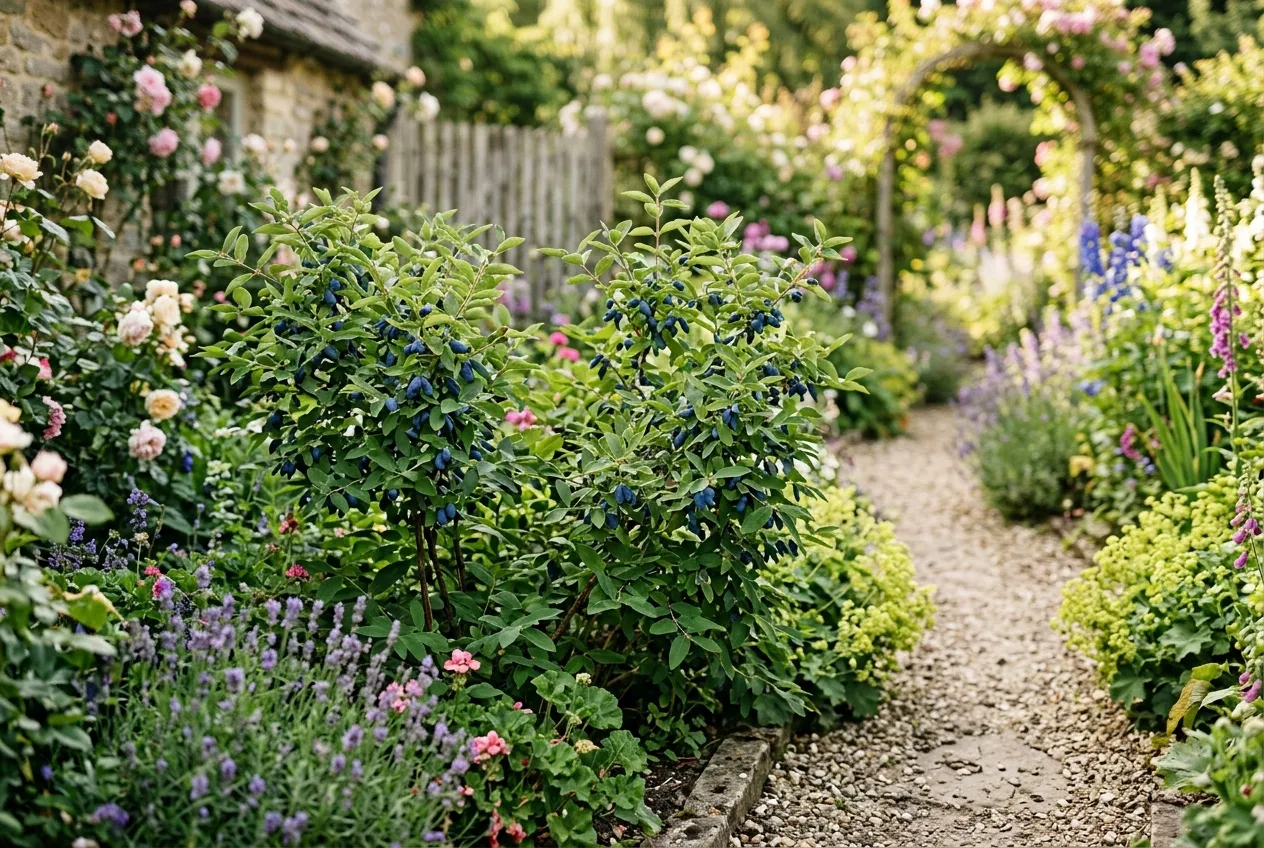 Two honeyberry bushes growing in a UK cottage garden border